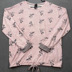 Disney Pink Mickey Mouse Print Long Sleeve Pullover Sweatshirt Hem Tie Womens L